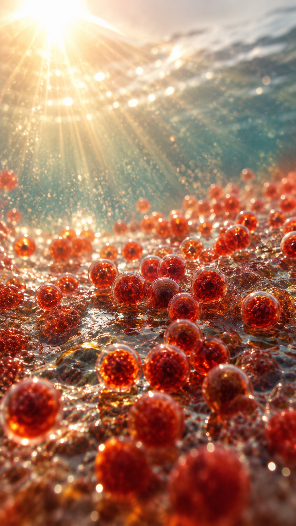 Comparison visual of UV rays hitting microalgae and the subsequent red Astaxanthin defense